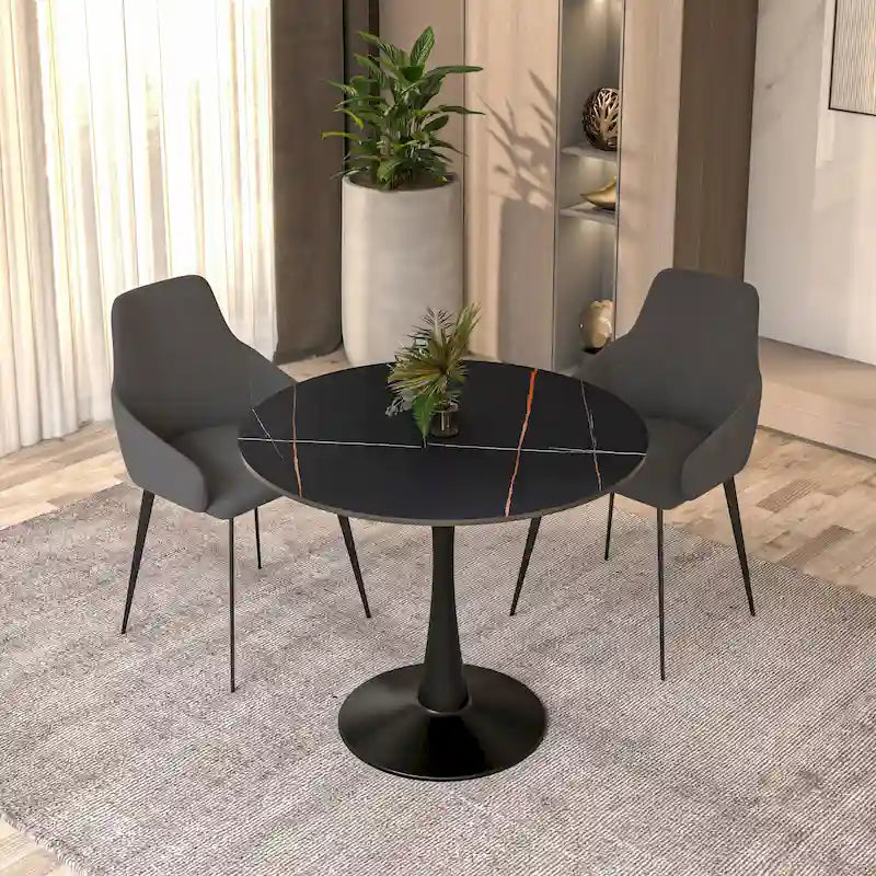 35 Round Dining Table for 4 with Sintered Stone Tabletop in Black Base for Kitchen & Dining Room