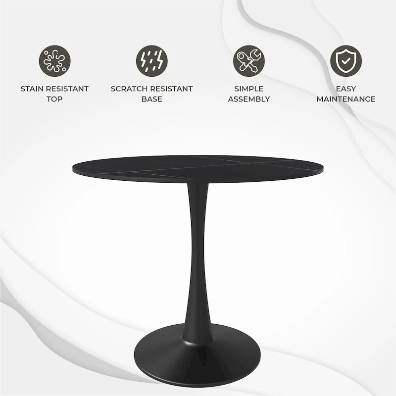 35 Round Dining Table for 4 with Sintered Stone Tabletop in Black Base for Kitchen & Dining Room