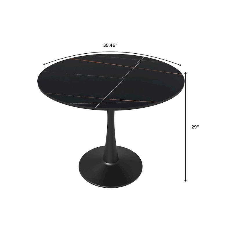 35 Round Dining Table for 4 with Sintered Stone Tabletop in Black Base for Kitchen & Dining Room