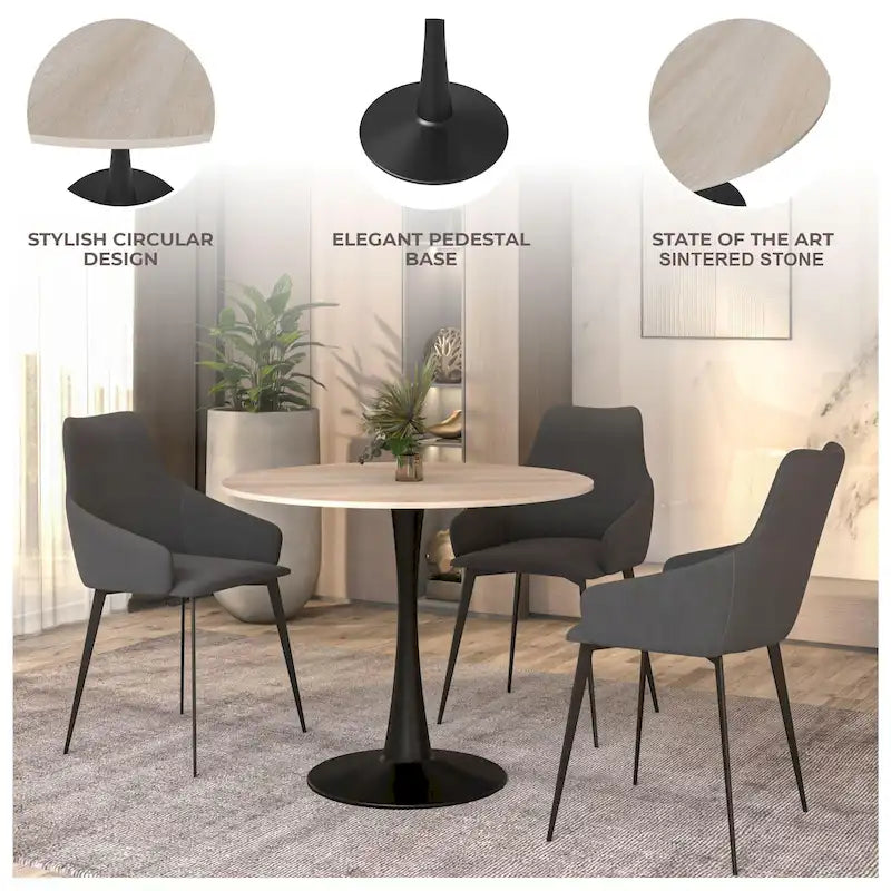 35 Round Dining Table for 4 with Sintered Stone Tabletop in Black Base for Kitchen & Dining Room