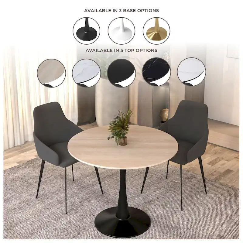 35 Round Dining Table for 4 with Sintered Stone Tabletop in Black Base for Kitchen & Dining Room