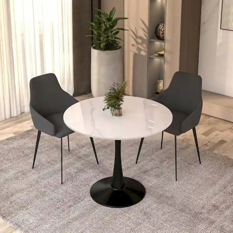 35 Round Dining Table for 4 with Sintered Stone Tabletop in Black Base for Kitchen & Dining Room