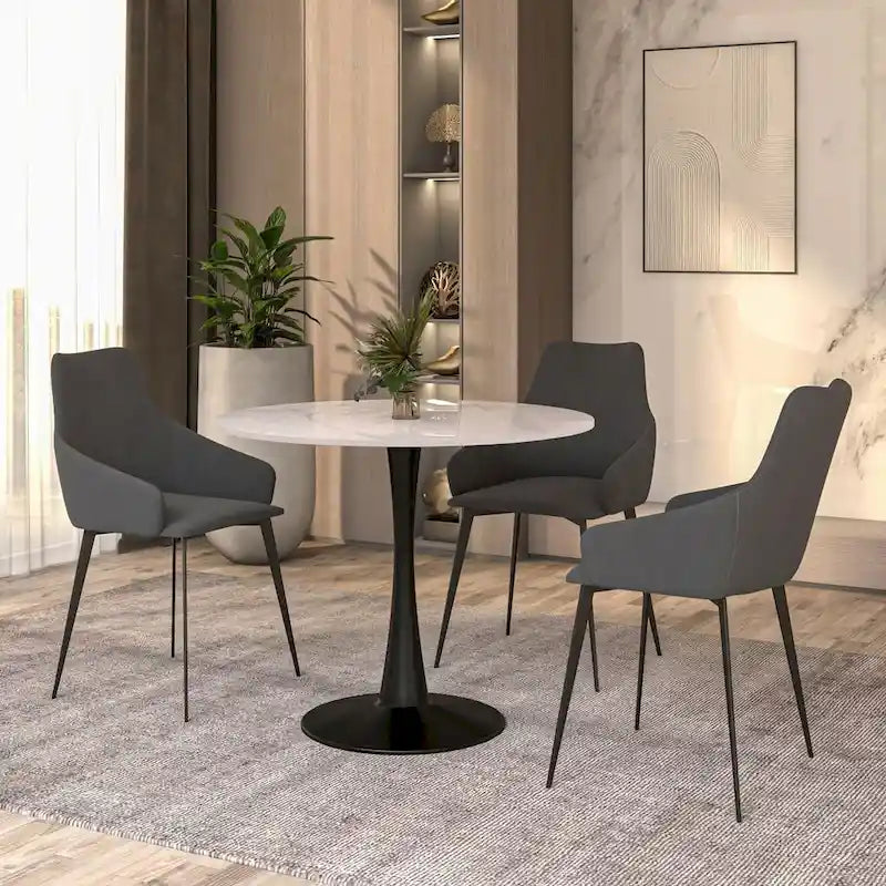 35 Round Dining Table for 4 with Sintered Stone Tabletop in Black Base for Kitchen & Dining Room