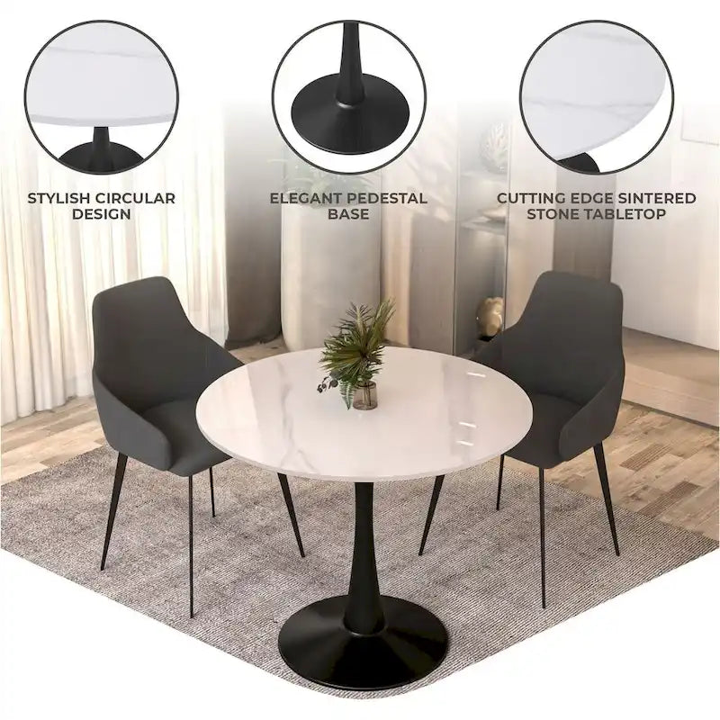 35 Round Dining Table for 4 with Sintered Stone Tabletop in Black Base for Kitchen & Dining Room