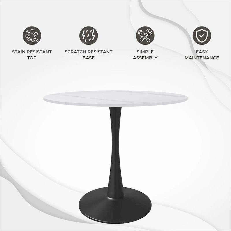 35 Round Dining Table for 4 with Sintered Stone Tabletop in Black Base for Kitchen & Dining Room