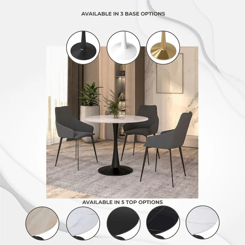 35 Round Dining Table for 4 with Sintered Stone Tabletop in Black Base for Kitchen & Dining Room